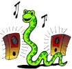 green cartoon snake listening to music